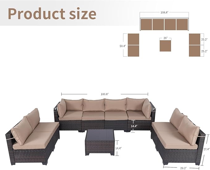 CHABATREE 9 Pieces Outdoor Patio Furniture Sets,Rattan Conversation Sectional Set,Manual Weaving Wicker Patio Sofa with Tea Table