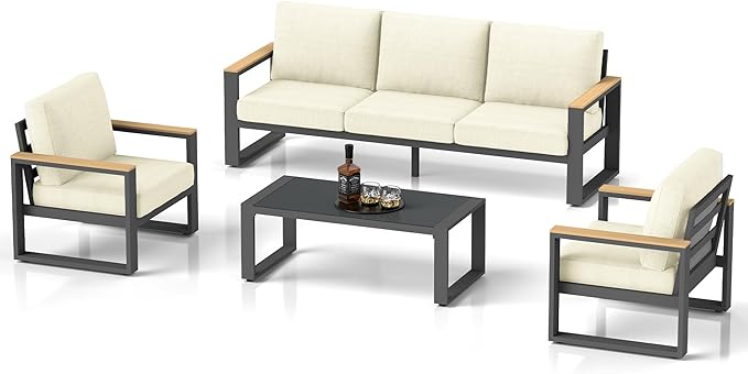 RoyalCraft Aluminum Patio Furniture, 5-Seats Metal Outdoor Furniture Set with Coffee Table, Modern Patio Sofa Sets Outdoor Conversation Set for Pool Garden Porch Backyard, Beige