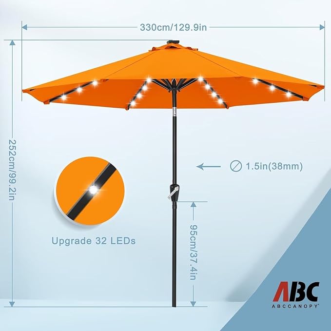 ABCCANOPY Outdoor 11FT Solar Led Patio Umbrellas with 32LED Lights (Orange)