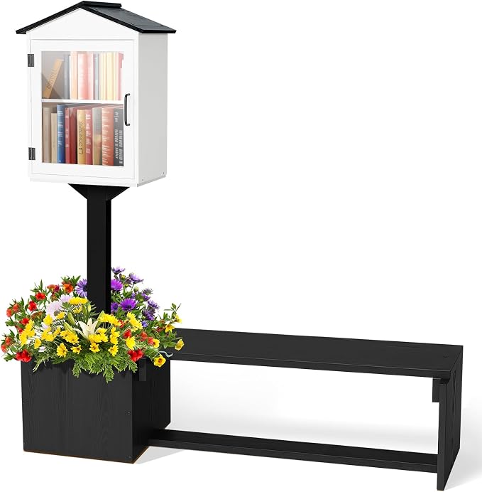 Wonderjune 3-in-1 Little Library Box Outdoor with Bench & Planter DIY Paintable Lending Free Library Pine Wood Neighborhood Share Box Ground Mount Kit for Yard Garden Community School(Black and White)