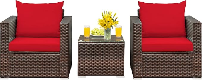 HAPPYGRILL 3 Piece Patio Furniture Set PE Rattan Wicker Sofa Set with Cushions and Coffee Table Outdoor Patio Conversation Set for Garden Poolside Balcony
