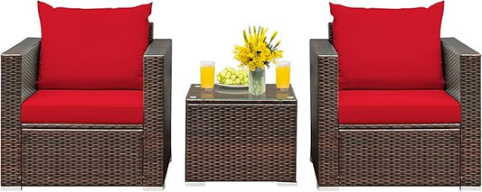 HAPPYGRILL 3 Piece Patio Furniture Set PE Rattan Wicker Sofa Set with Cushions and Coffee Table Outdoor Patio Conversation Set for Garden Poolside Balcony