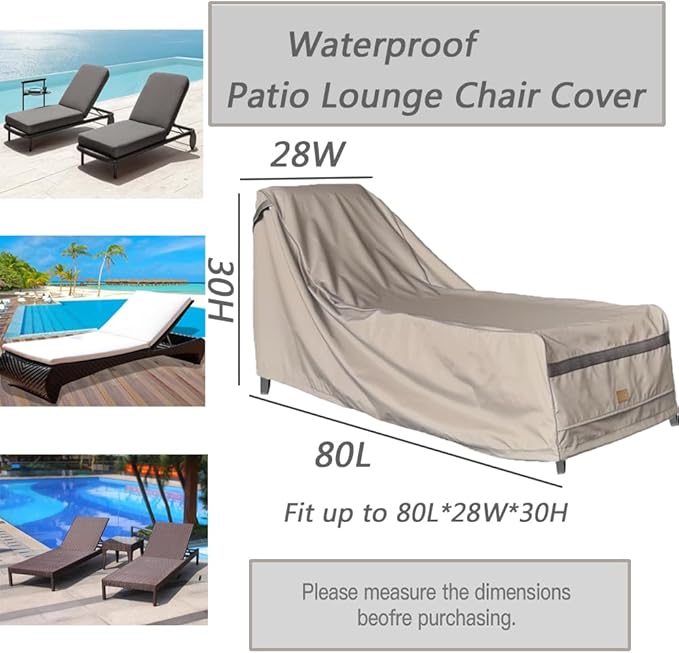 Patio Chaise Lounge Cover Waterproof,Heavy Duty Outdoor Lounge Chair Covers,Beige Durable Patio Furniture Covers,2Pack,80L*28W*30Hinch