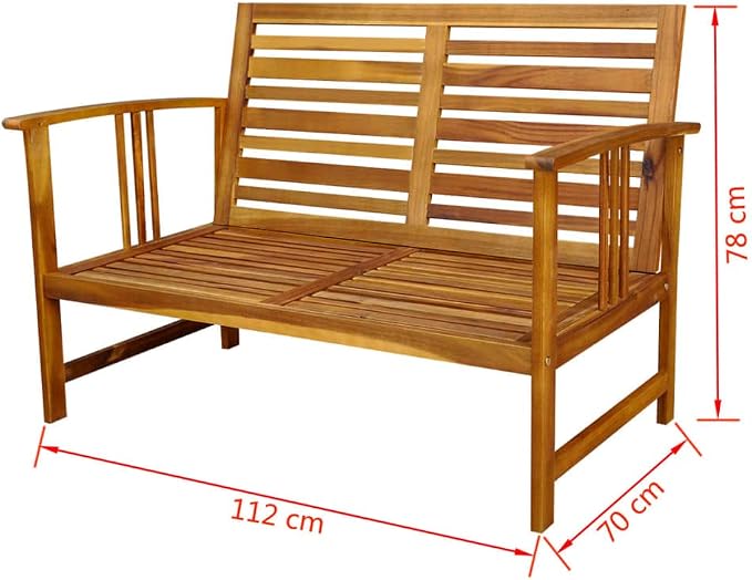 4-Piece Brown Acacia Wood Outdoor Dining Set | Includes a rectangular table, one bench, and two chairs, providing rustic seating for balconies, patios, and terraces.