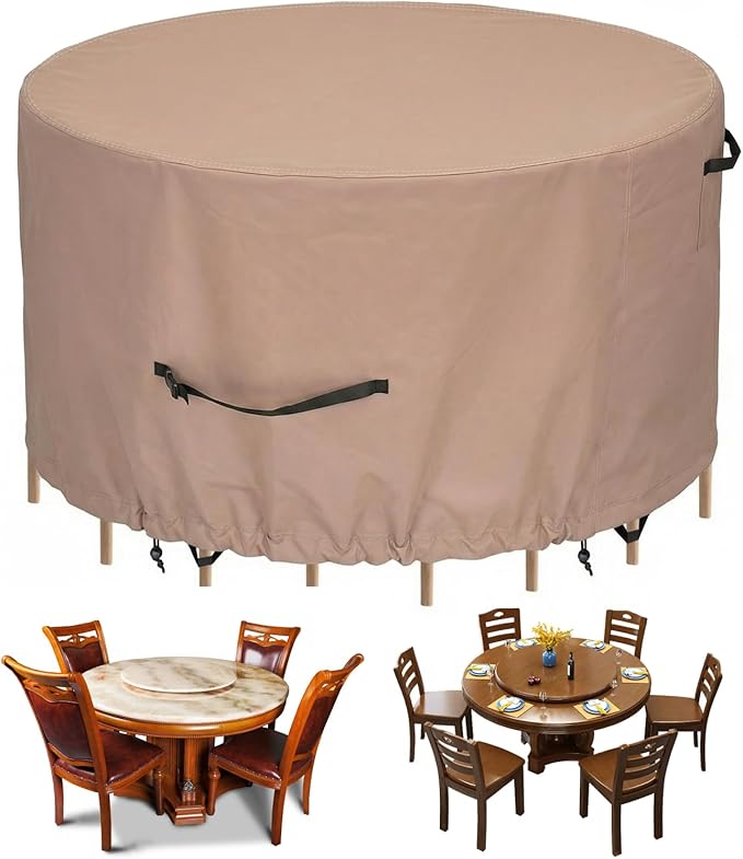 Haige Round Patio Furniture Cover 62" Dia x 34" H, Waterproof Outdoor Table and Chair Set Cover, 600D Heavy Duty Round Patio Table Cover, Windproof with Drawstring & Buckles, Brown