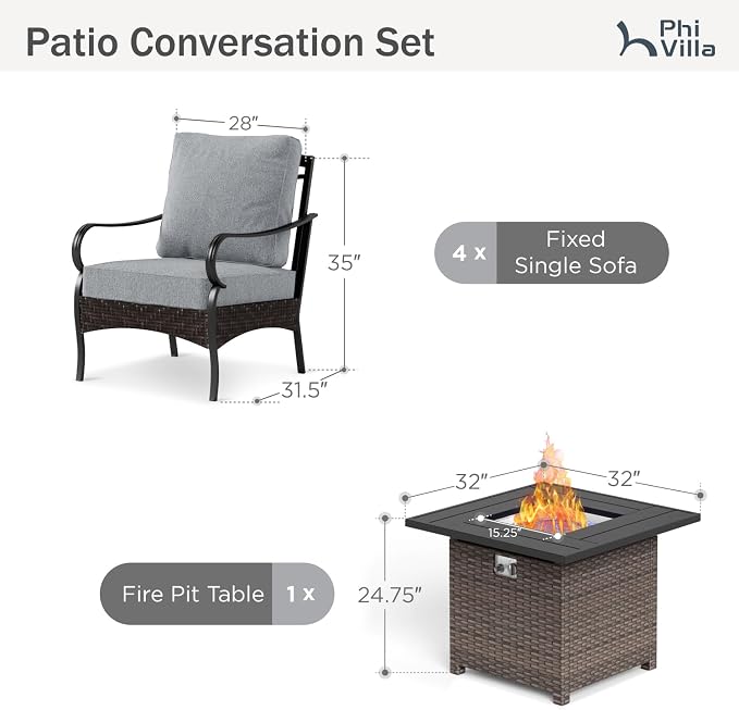 PHI VILLA Patio Furniture Set with 32" Fire Pit Table,Patio Conversation Sets 4 Fixed Chairs with Thick Cushion and 50000 BTU Fire Pit Table (5 Pieces,Grey