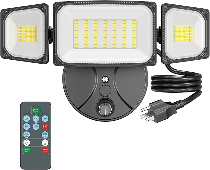 Onforu 80W Dusk to Dawn Outdoor Lighting,Plug in LED Flood Lights,Black Outdoor Lights with Remote,8000LM Security Light,IP66 Waterproof Lighting,2Modes 3 Adjustable Heads Light for Garage Yard