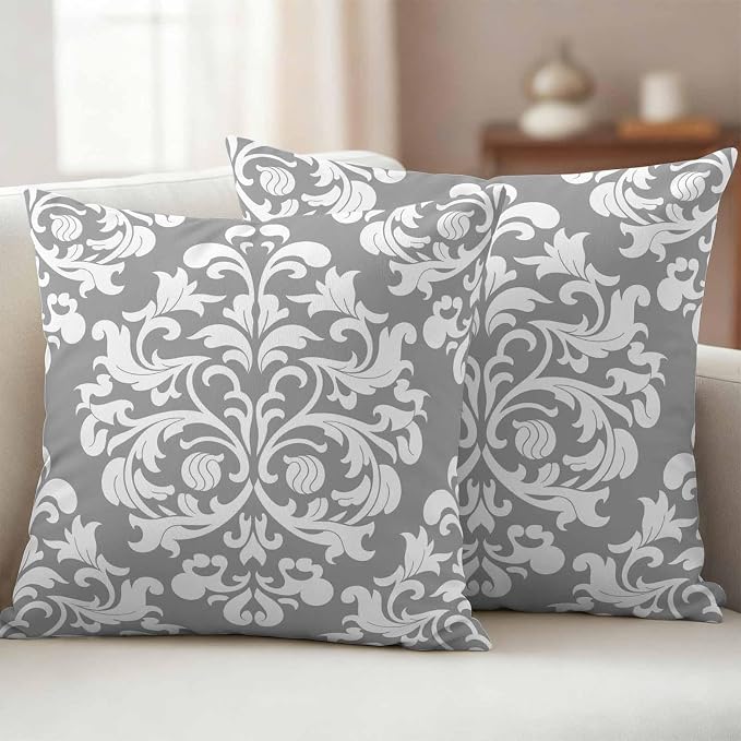 Outdoor Pillow Covers Set of 2, Damask Abstract Flower Grey Decorative Throw Pillow Covers 16X16IN, Classic Luxury Floral Throw Pillows Protector Cushion Case for Patio,Couch,Sofa,Garden