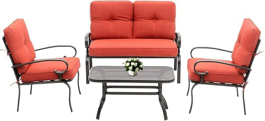 Outdoor Furniture Patio Conversation Set Loveseat, 2 Chairs, Coffee Table with Cushion, Lawn Front Porch Garden, Metal Chair Set Wrought Iron Look(Red)
