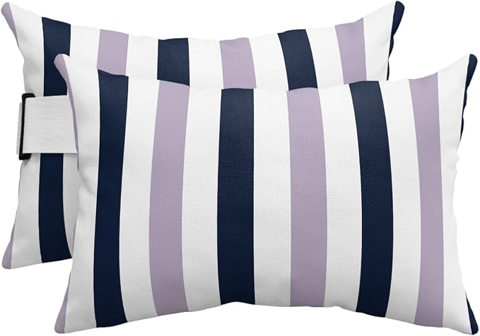Outdoor Pillows Waterproof Covers Set of 2, Navy Blue Purple Stripes Adjustable Elastic Chaise Lounge Headrest Pillow Covers, Contrast Striped Lumbar Pillow for Pool Patio Furniture 20x12 Inch
