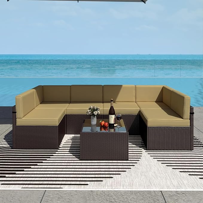 FIZZEEY 7 PCs Outdoor Patio Furniture PE Wicker Rattan Sectional Conversation Sofa Sets, Khaki