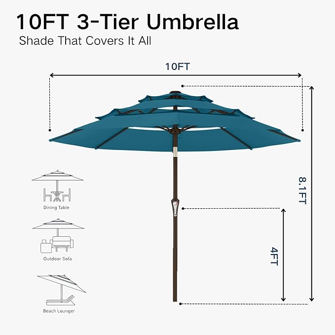 Kingdura 10ft 3-Tier Patio Umbrella, Outdoor Table Umbrella with Easy Crank & Tilt, 8 Reinforced Ribs, UV Protection for Deck, Pool, Market, Backyard (Lake blue)