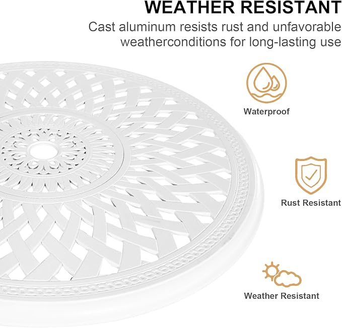 30.7" Cast Aluminum Round Patio Table,Metal Patio Dining Table with Umbrella Hole,All Weather Outdoor Bistro Dining Table for Backyard, Garden, Balcony, White