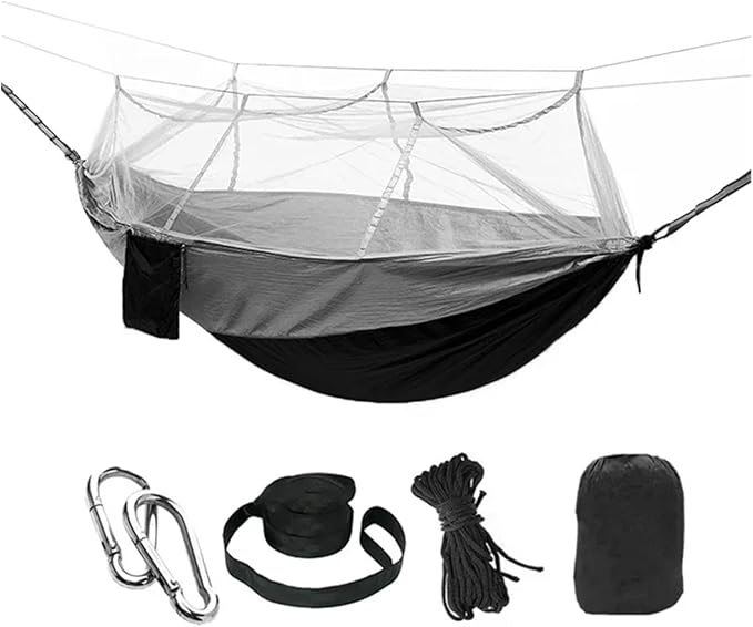 Hammock Camping Hammock with Net, Lightweight Portable Double Parachute Hammocks, High Capacity & Tear Resistance for Backyard,Hiking Camping Essentials (Color : Grey and Black)