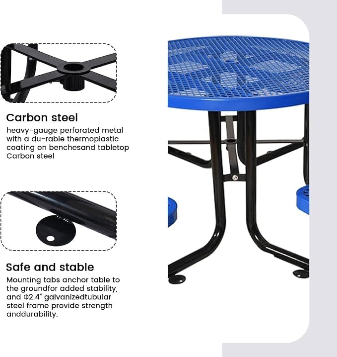 46" Round Commercial Picnic Table for 4-8 Person, Heavy Duty Metal Outdoor Picnic Table with Umbrella Hole for Coffee Shop, School, Hospital, Easy to Install, Blue