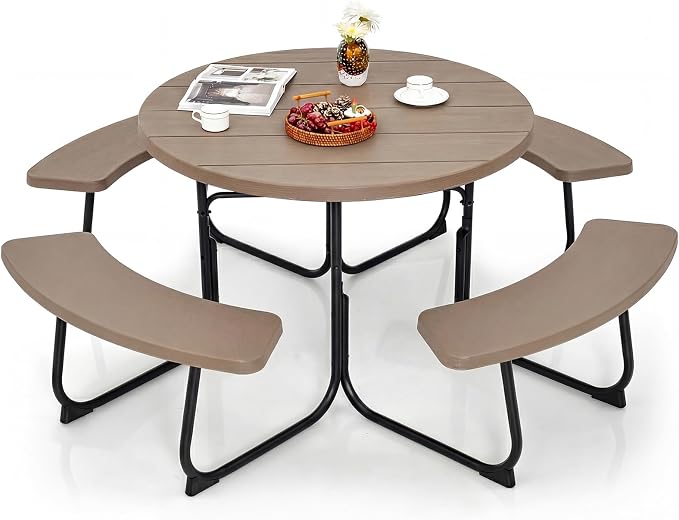 Giantex Picnic Table Set for Up to 8 Persons, Round Outdoor Table and Bench Set with Umbrella Hole, HDPE Top & Metal Frame, 2000LBS Capacity, Patio Table Bench for Deck Backyard Garden, Coral Reef