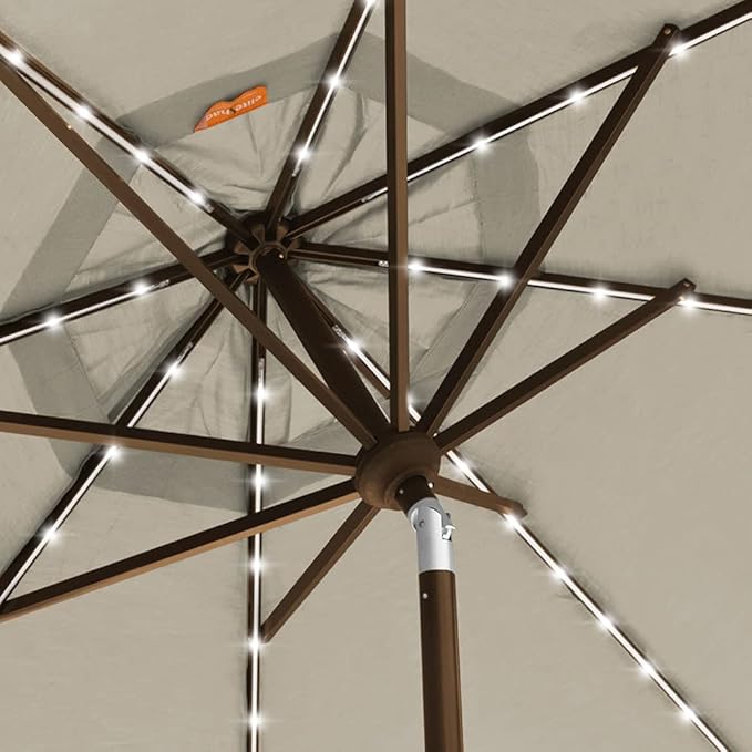 EliteShade USA 10-Year-Non-Fading 9ft Market Patio Umbrella, Commercial Grade Table Sun Umbrella with 80 Solar LED Lights, Crank Open, Windproof & UPF 50+ UV Protection for Garden, Deck, Pool, Backyard, Antique Beige