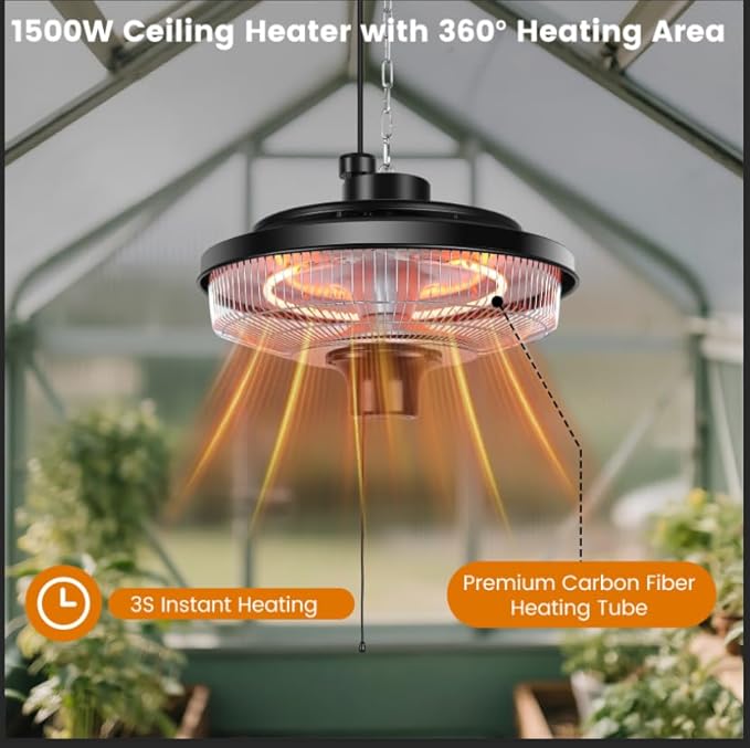 Fanspex Hanging Patio Heater, 1500W Electric Infrared Heaters for Home, Gazebo, Garage, Greenhouse, Ceiling Mount with Overheat Protection, IPX4 Water Resistance, Adjustable Height (Silver)