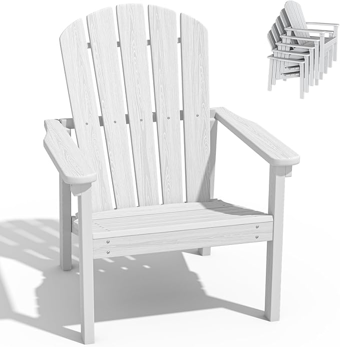 nevilywood Compact Stackable Adirondack Chairs,All Weather HDPE,380lb,White | 26.3" Wide HDPE.All-Weather Outdoor.Maintenance-Free.Stackable for Storage.25°Curved Straight Backrest.Quick Assembly