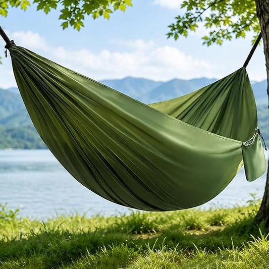 Camping Hammock Lightweight Portable Double Swing with 2 Tree Straps, Heavy Duty Parachute Nylon Bed for Backpacking Hiking Beach, Outdoor Essentials for Backyard Patio Camping Gear (Green)