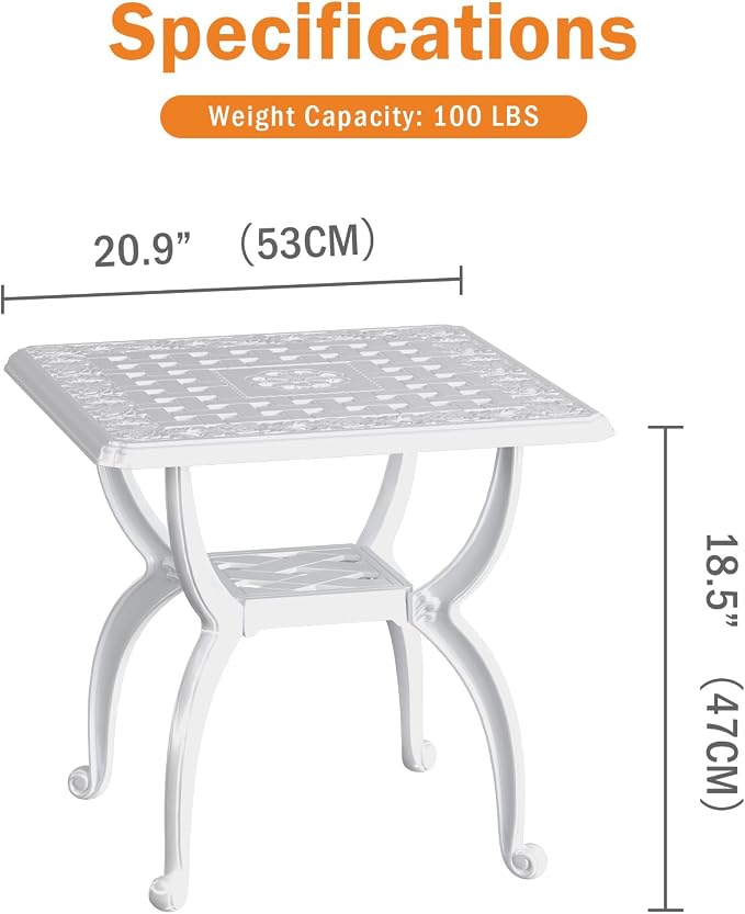 Square Outdoor Coffee Table Set of 2, Cast Aluminum Side Table with Storage,Indoor End Table, All-Weather Bistro Table for Patio Garden Lawn, White