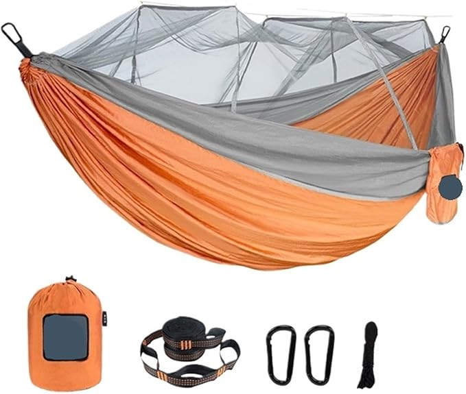 Single and Double Size Nylon Fabric Portable Travel Outdoor Camping Hanging Sleeping Hammock with Mosquito Net(Single Orange Grey)