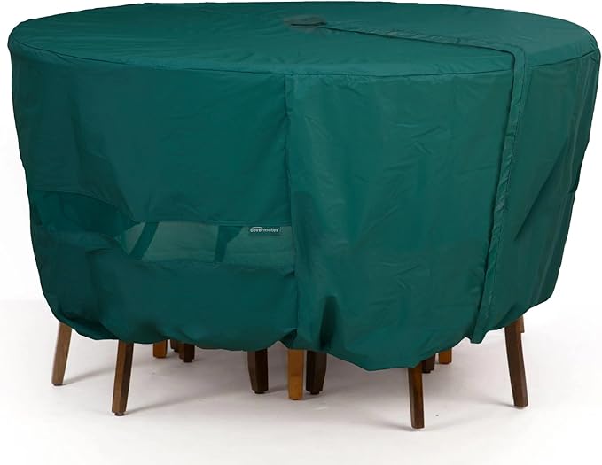 Covermates Classic Round Patio Dining Table and Chair Set Cover – All-Weather Outdoor Protection, Water-Resistant Vinyl, Elastic Hem, Mesh Vents, with Umbrella Hole 106 Diameter x 25H, Green