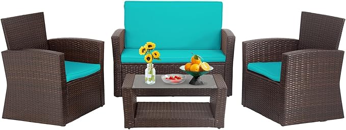 FDW 4 Piece Patio Furniture Sets, Wicker Conversation Set 4 All-Weather Outdoor Sectional Patio Sofa for Porch Deck with Blue Cushion Brown Rattan Sofa Chair