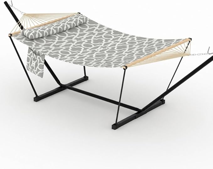 Double Hammock with Stand, 450 Lbs Capacity 12FT Heavy Duty Portable 2 Person Hammock with Steel Frame & Anti-Tip Design, Easy 2-Minute Setup for Patio, Garden, Beach, Backyard