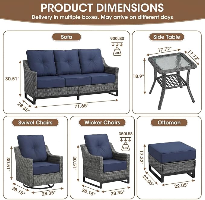 6-Piece Outdoor Patio Furniture Set, Grey Wicker Conversation Set with 4 Swivel Chairs and 2 Side Tables, 6-Inch Blue Cushions for Porch, Deck, Backyard