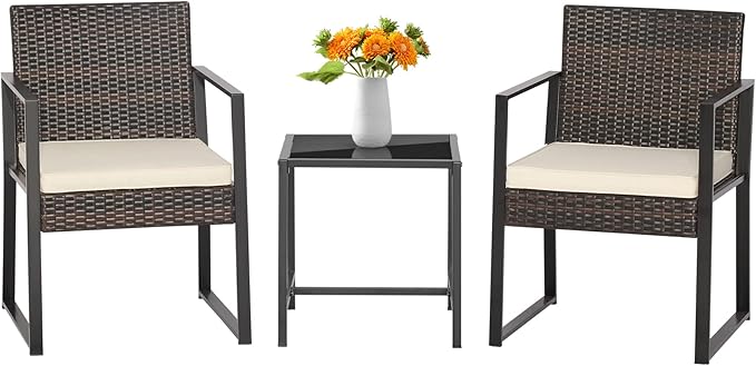 Tangkula 3 Piece Patio Furniture Set, Modern Heavy Duty All Weather Cushioned Wicker Chairs and Coffee Table Set, Suitable for Front Porch, Backyard, Garden, Poolside and Deck (Mix Brown)