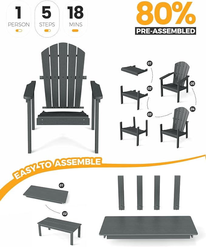 nevilywood 3-Piece HDPE Adirondack Chair Set, 2 Stackable Chairs Coffee Table, All-Weather Wood Grain, Patio Garden Backyard,Gray
