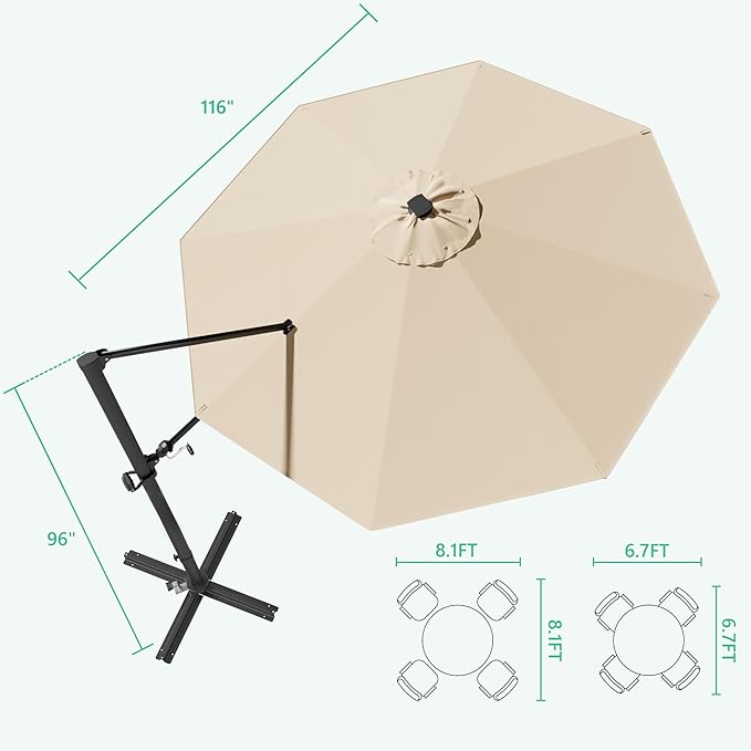 Greesum 10FT Outdoor Patio Umbrella with High Pedel and 4 Gear Heights, Large Offset Market Umbrella with 360-degree Rotation, Without Base, Hanging Outdoor Shade for Garden, Lawn, Pool, Beige