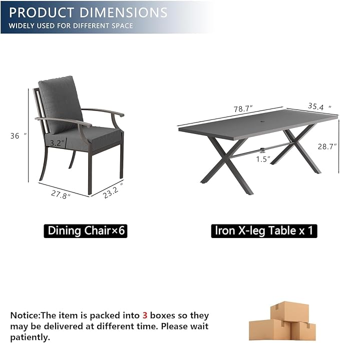 7 Piece Outdoor Dining Set for 6, Metal Patio Table and Chairs with Cushions, Patio Furniture Set with 6 Stackable Chairs, Rectangular Patio Dining Table with Umbrella Hole, Lawn Deck, Yard-Grey