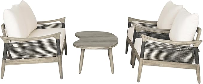 Christopher Knight Home Havets 4 Piece Patio Conversation Sets, Outdoor Acacia Wood Patio Seating Group,Woven Rope Loveseat Chairs with Cushions and Coffee Table for Porch Backyard Balcony, Gray+Beige