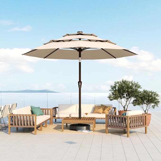 10FT Patio Umbrella 3 Tiers Outdoor Market Umbrella w/Push Button Tilt, Crank, UV and Waterproof Table Umbrella for Garden, Pool, Backyard, Deck, Lawn, Beige