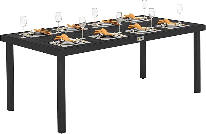 Outsunny 75" x 35" Outdoor Dining Table for 8 People, Rectangular Aluminum Frame Garden Table with All-Weather Faux Wood Top for Lawn, Patio, Black