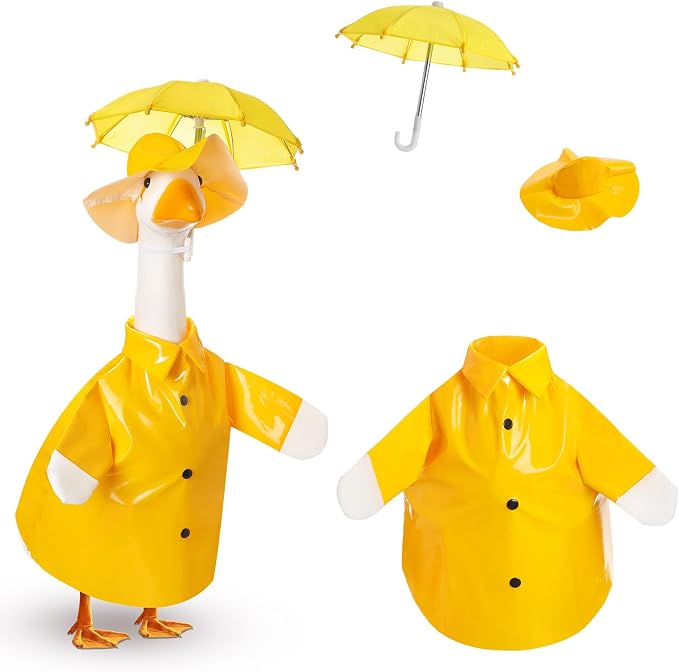 FuWeave Summer Baby Goose Outfit Raincoat and Umbrella for 17'' Lawn Porch Baby Goose Costume Plastic Raincoat Clothes for Summer Spring Outdoor Patio Yard Lawn Decoration (Yellow)