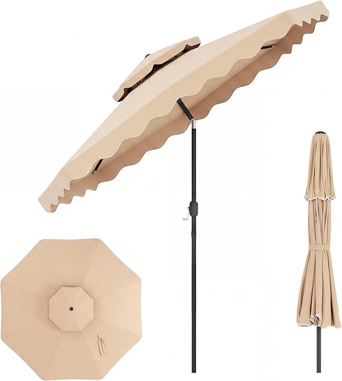 Happygrill 9 FT Patio Umbrella, Scalloped Outdoor Table Market Umbrella with Push Button Tilt & Crank, 2-Tier Vented Top, Heavy-Duty 8 Metal Ribs, Sun-Protective Canopy, Ruffle for Deck Pool Garden (Beige)