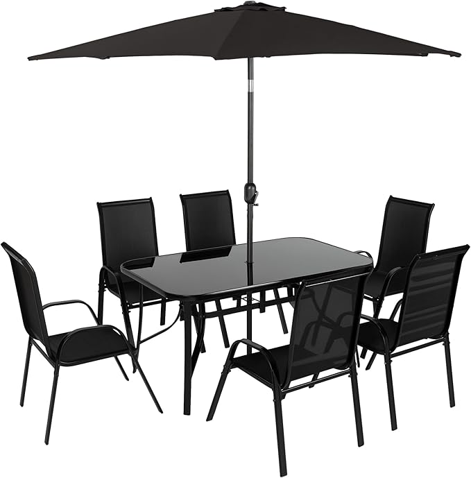 Outsunny 8 Pieces Patio Table and Chairs Set with 9 Ft Patio Umbrella, Outdoor Dining Set with 4.6 Ft Dining Table and 6 Chairs, Push Button Tilt and Crank Parasol, Tempered Glass Top, Black