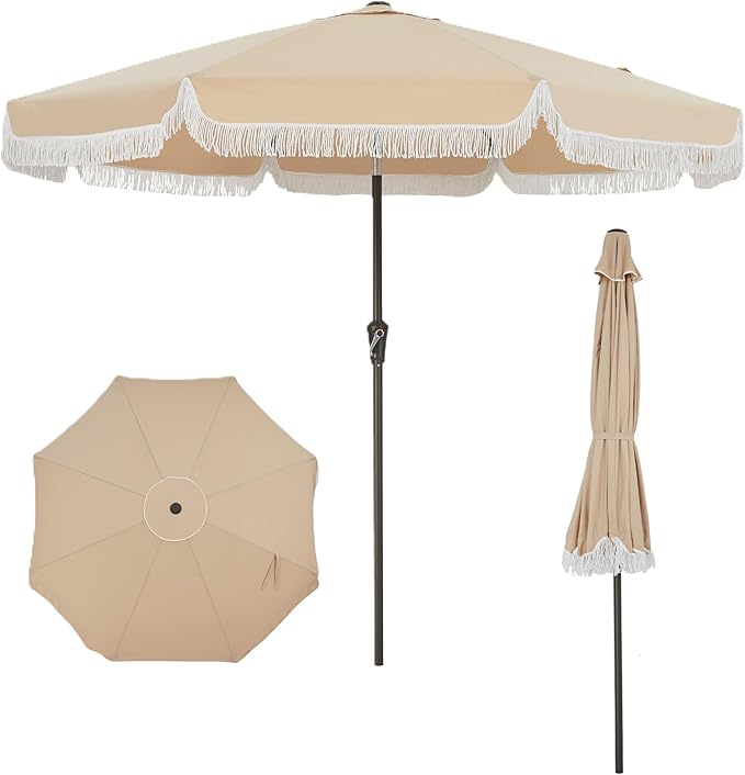 PeakPursuit 9 ft Patio Umbrella with Fringe, Tassel Outdoor Beach Umbrella for Sand with Push Button Tilt, 8 Fiberglass Ribs, UV 50+ Sun Protection for Garden, Pool, Backyard, Deck