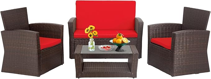 FDW 4 Piece Patio Furniture Sets, Wicker Conversation Set 4 All-Weather Outdoor Sectional Patio Sofa for Porch Deck with Red Cushion Brown Rattan Sofa Chair