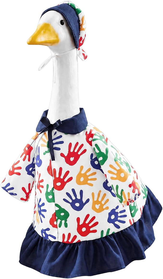 Outus Art Back to School Porch Goose Outfits Includes Colorful Handprint Dress Hat First Day of School Classroom Goose Clothing for Outdoor Garden Yard Patio Lawn 23" Statue
