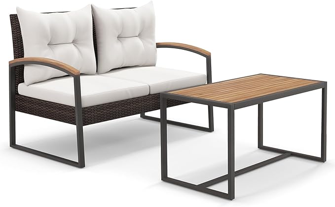 Tangkula 2 Pieces Patio Wicker Furniture Set, Heavy Duty Outdoor Cushioned Loveseat with Acacia Wood Coffee Table, for Backyard, Balcony, Deck and Poolside (Off White)