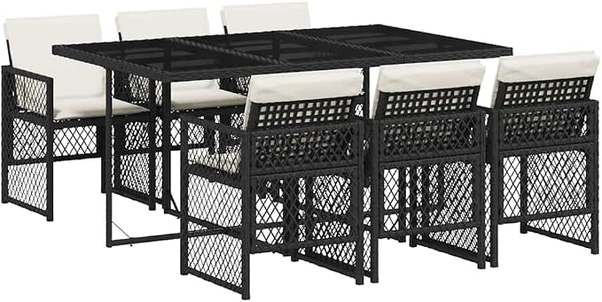 7-Piece Garden Dining Set Black Poly Rattan Tempered Glass | Cream White Cushions, Foldable Chairs, Weather Resistant, Easy Clean, Patio Furniture