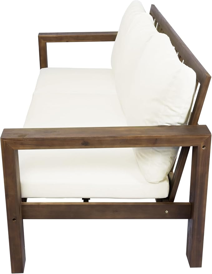 Outdoor Patio Sofa Set 3-Seater Acacia Wood Conversation Set with Cushions & Coffee Table Garden Backyard Balcony Poolside (Beige,Mocha5)