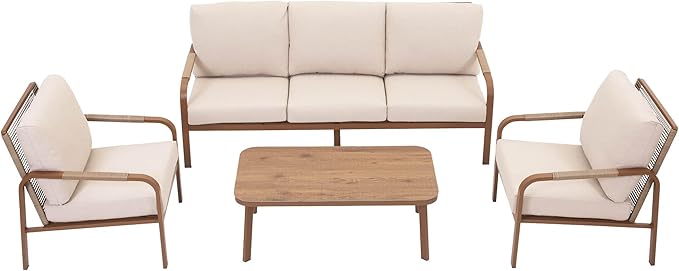 4-Piece Aluminum Outdoor Sofa Set – 3-Seat Sofa with Coffee Table, Rattan-Style Backrests, Patio Lounge Furniture for Garden, Balcony, and Porch (Beige)