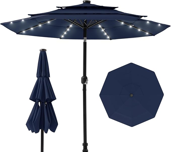 HOMPUS 11FT 3 Tiers Solar LED Patio Umbrella for Outside, Outdoor Market Umbrella with Push Button Tilt, Pool Umbrella w 40 LEDs for Backyard, Deck, Garden, Navy Blue