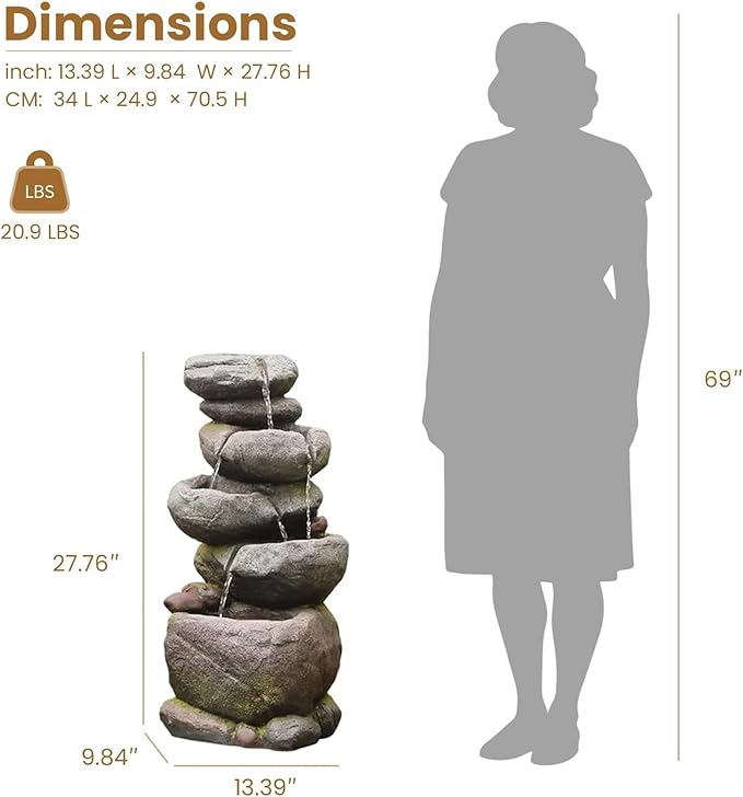 Bumilgar 27.8" H Outdoor Water Fountain with LED Lights, 5-Tier Cascading Stone Waterfall Fountain, Natural Rock Resin Outdoor Water Fountain for Garden Patio Backyard Porch Indoor Decor