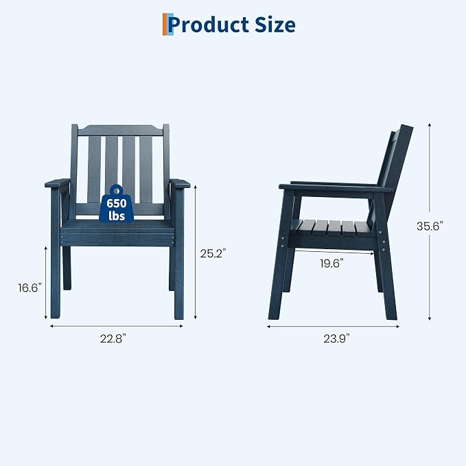 Outdoor Dining Chairs Set of 4, HDPE Patio Chairs 650LBS Capacity All-Weather Yard Armchair with Slatted Seat, 23.9" Wide Heavy Duty Modern Backyard Furniture for Garden, Poolside, Deck (Navy Blue)